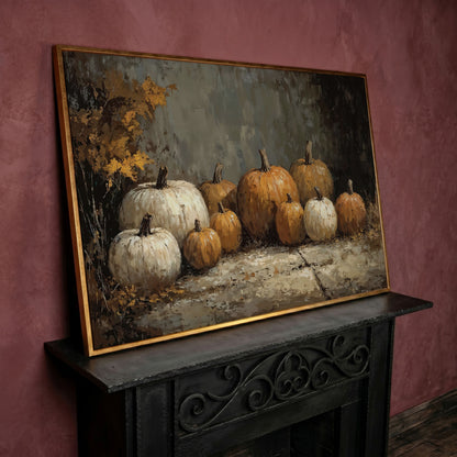 Rustic Pumpkins Still Life Canvas in rose gold floating frame