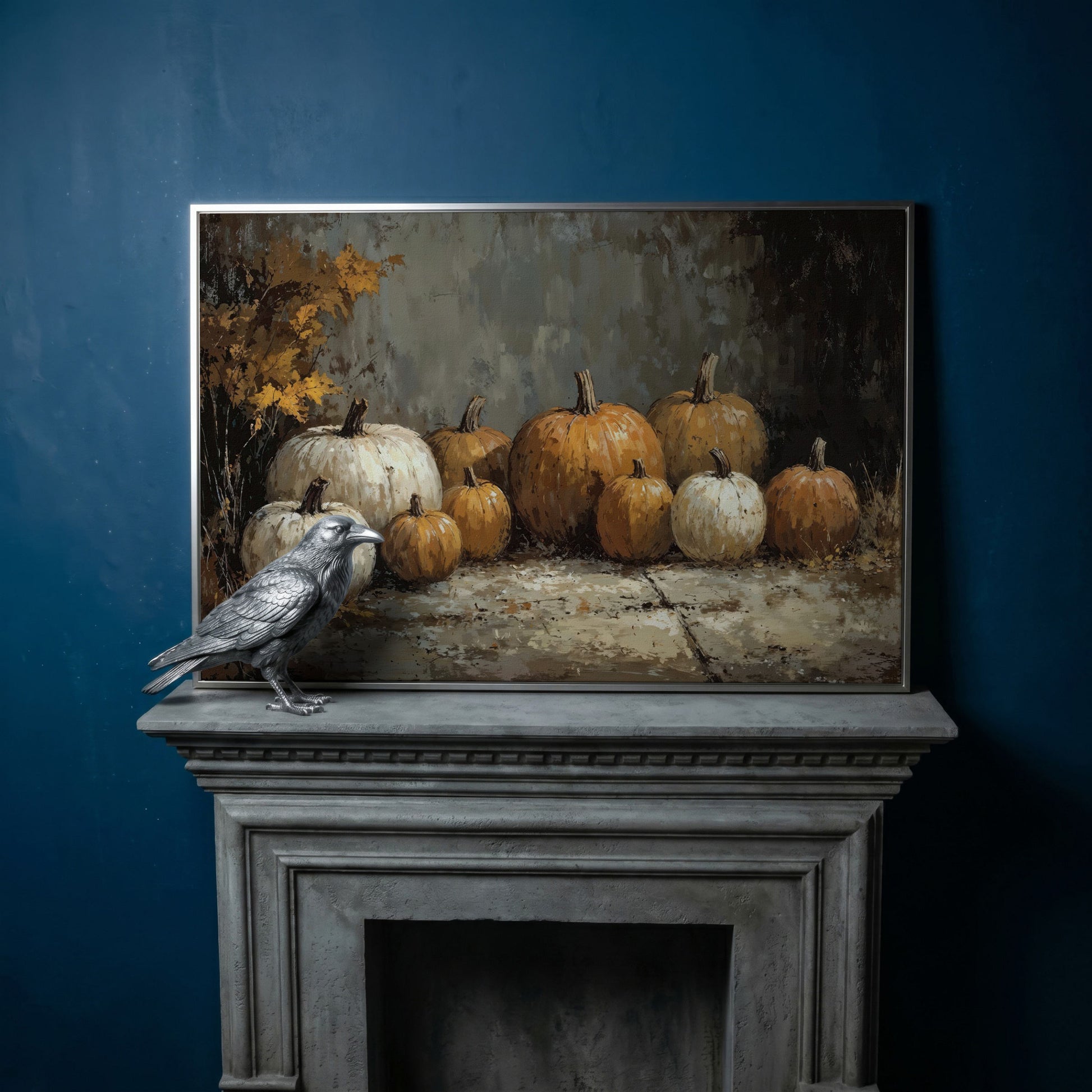 Rustic Pumpkins Still Life Canvas in silver floating frame