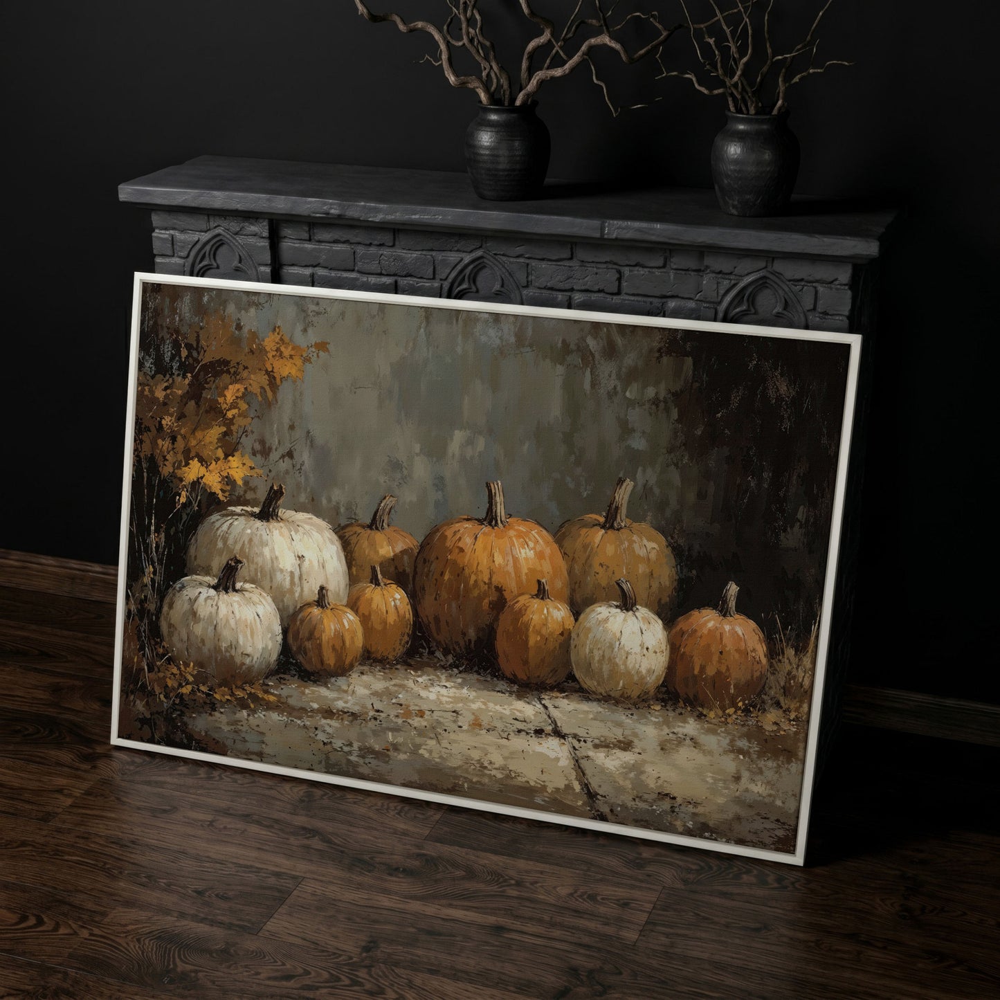 Rustic Pumpkins Still Life Canvas in white floating frame