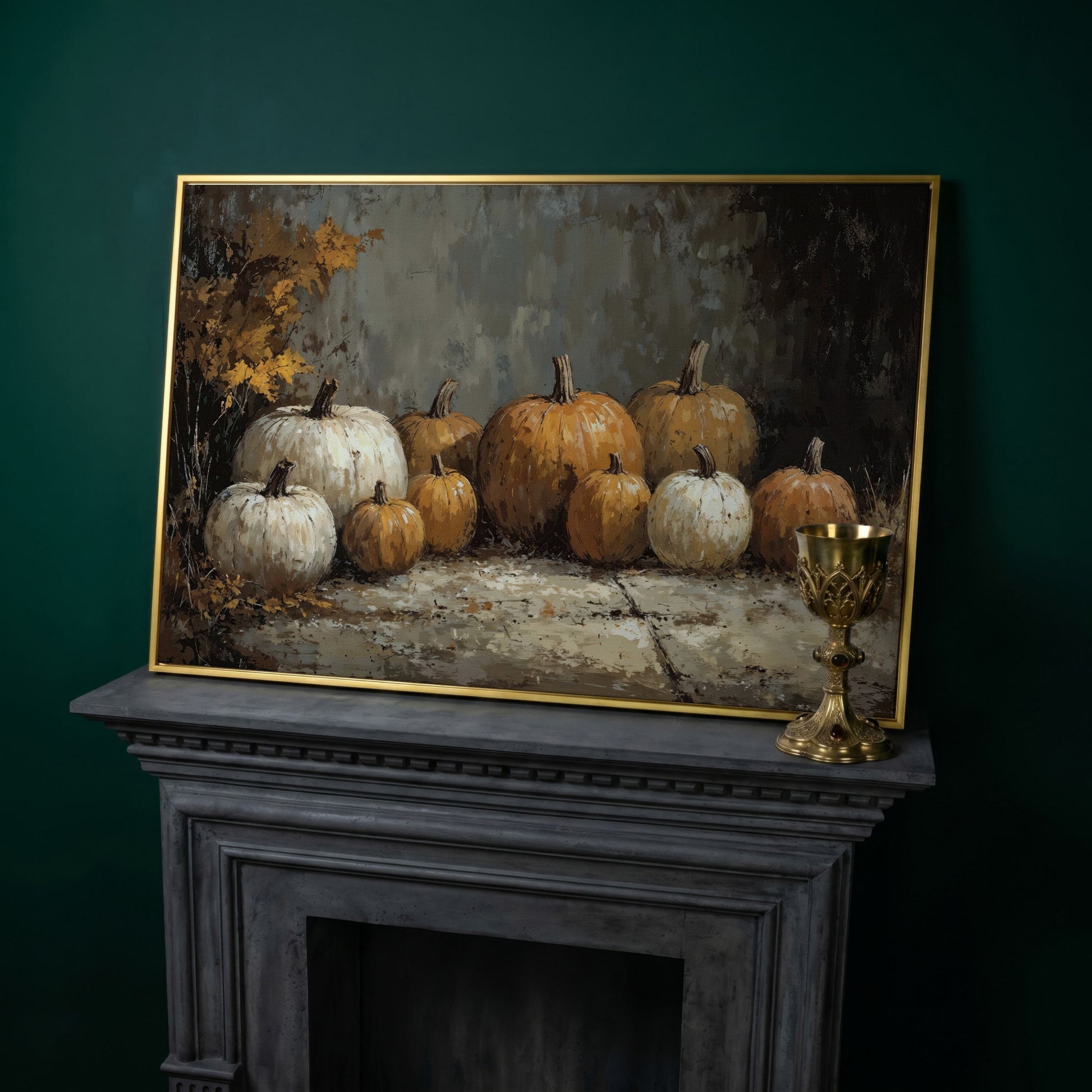 Rustic Pumpkins Still Life Canvas in yellow gold floating frame