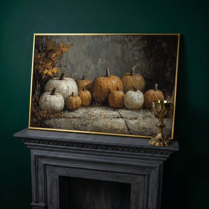 Rustic Pumpkins Still Life Canvas in yellow gold floating frame