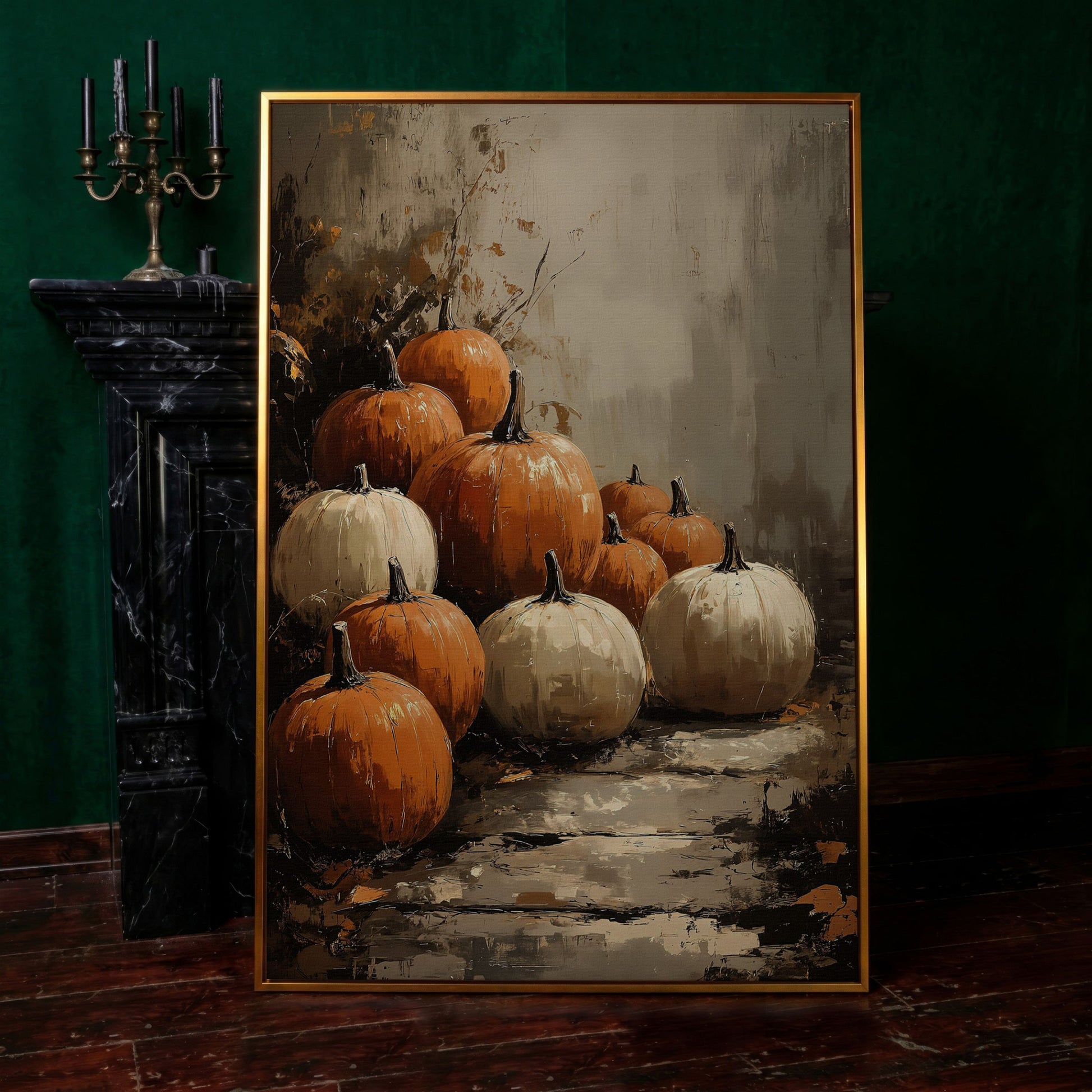 Autumn Pumpkin Stack Canvas in antique gold floating frame
