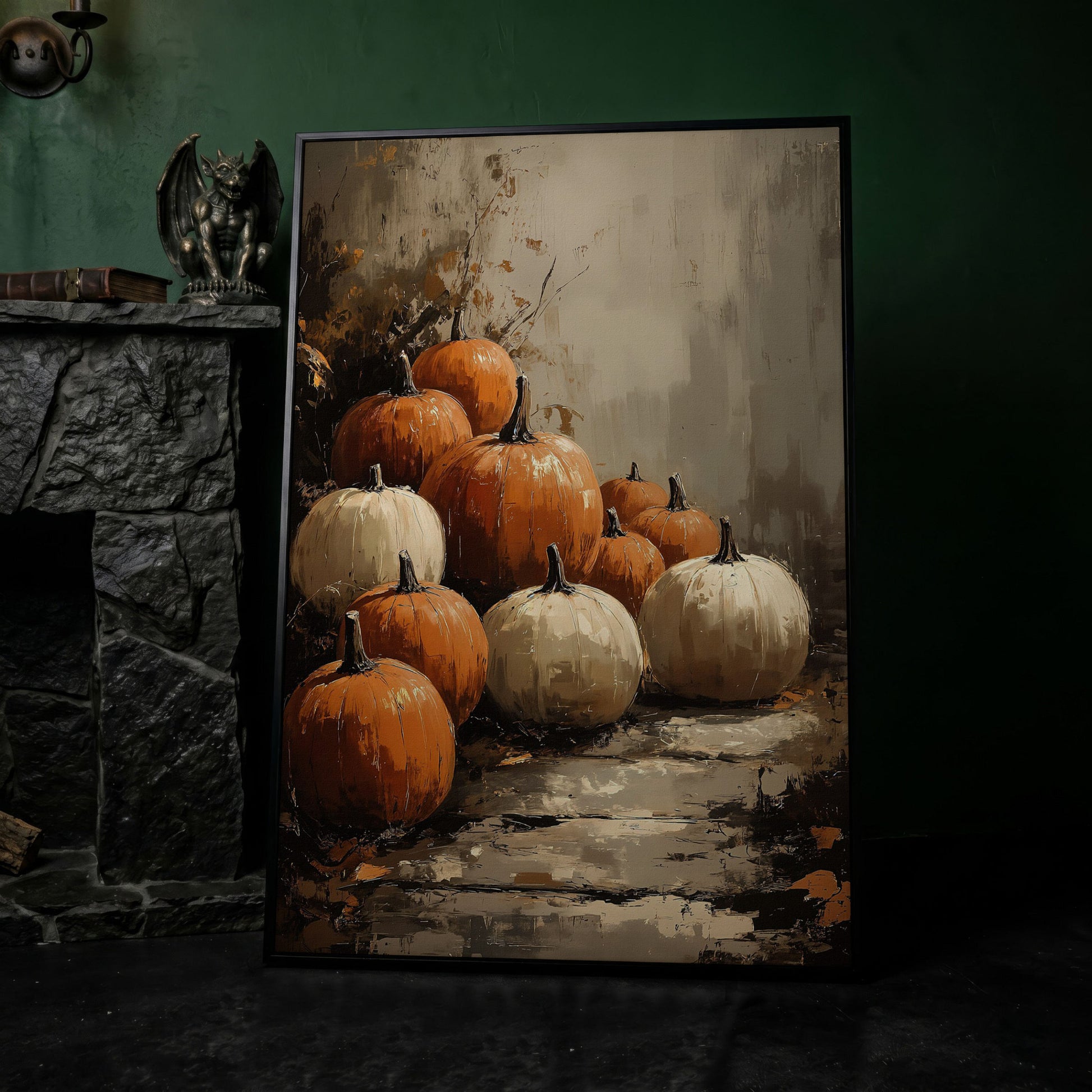 Autumn Pumpkin Stack Canvas in black floating frame