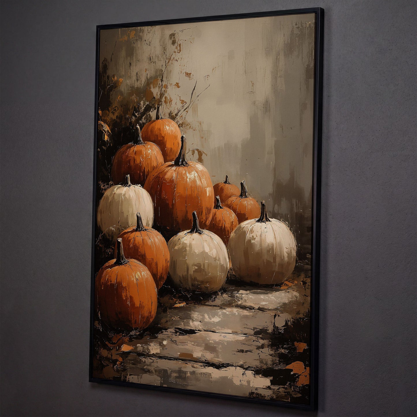 Autumn Pumpkin Stack Canvas shown in black floating frame