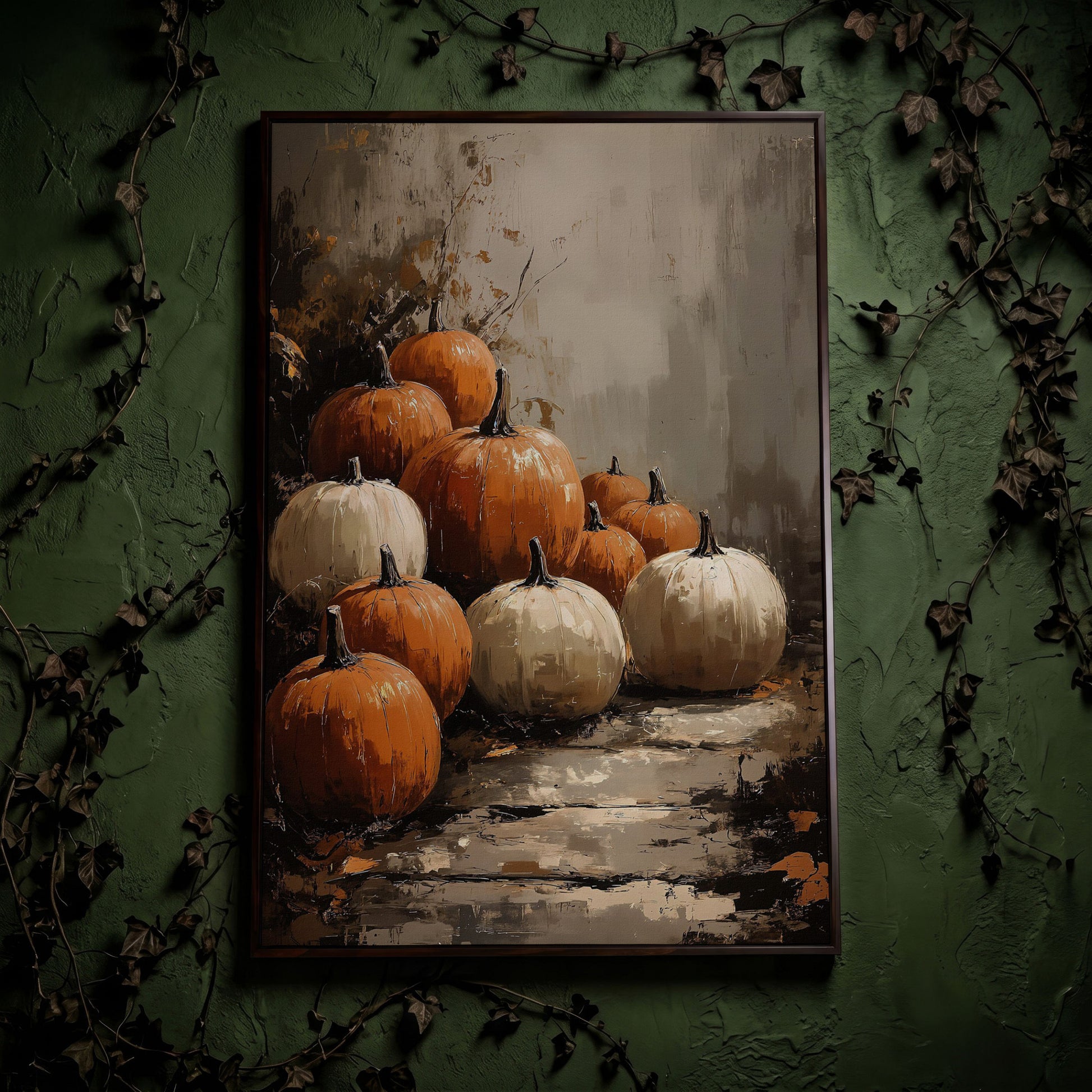 Autumn Pumpkin Stack Canvas in dark walnut floating frame