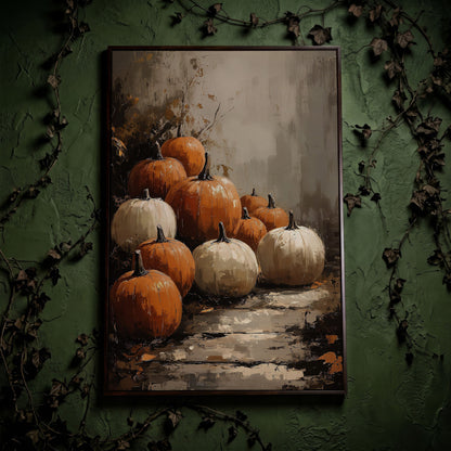 Autumn Pumpkin Stack Canvas in dark walnut floating frame