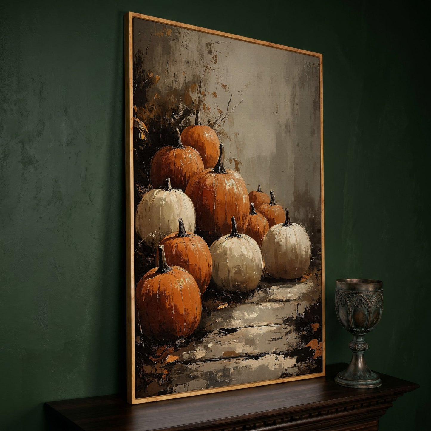 Autumn Pumpkin Stack Canvas in white oak floating frame