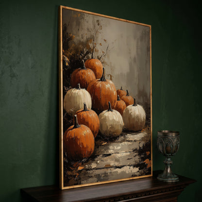 Autumn Pumpkin Stack Canvas in white oak floating frame