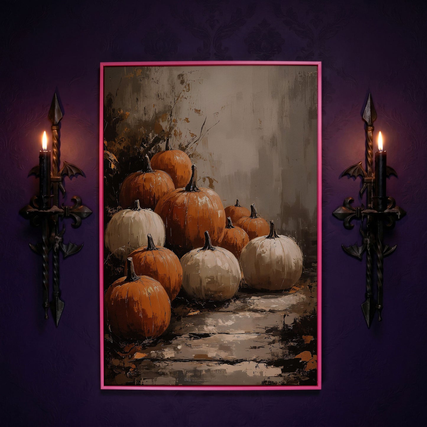 Autumn Pumpkin Stack Canvas in pink floating frame