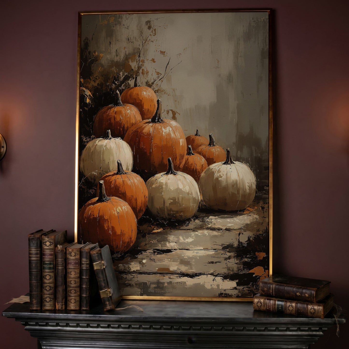 Autumn Pumpkin Stack Canvas in rose gold floating frame