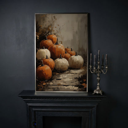 Autumn Pumpkin Stack Canvas in silver floating frame