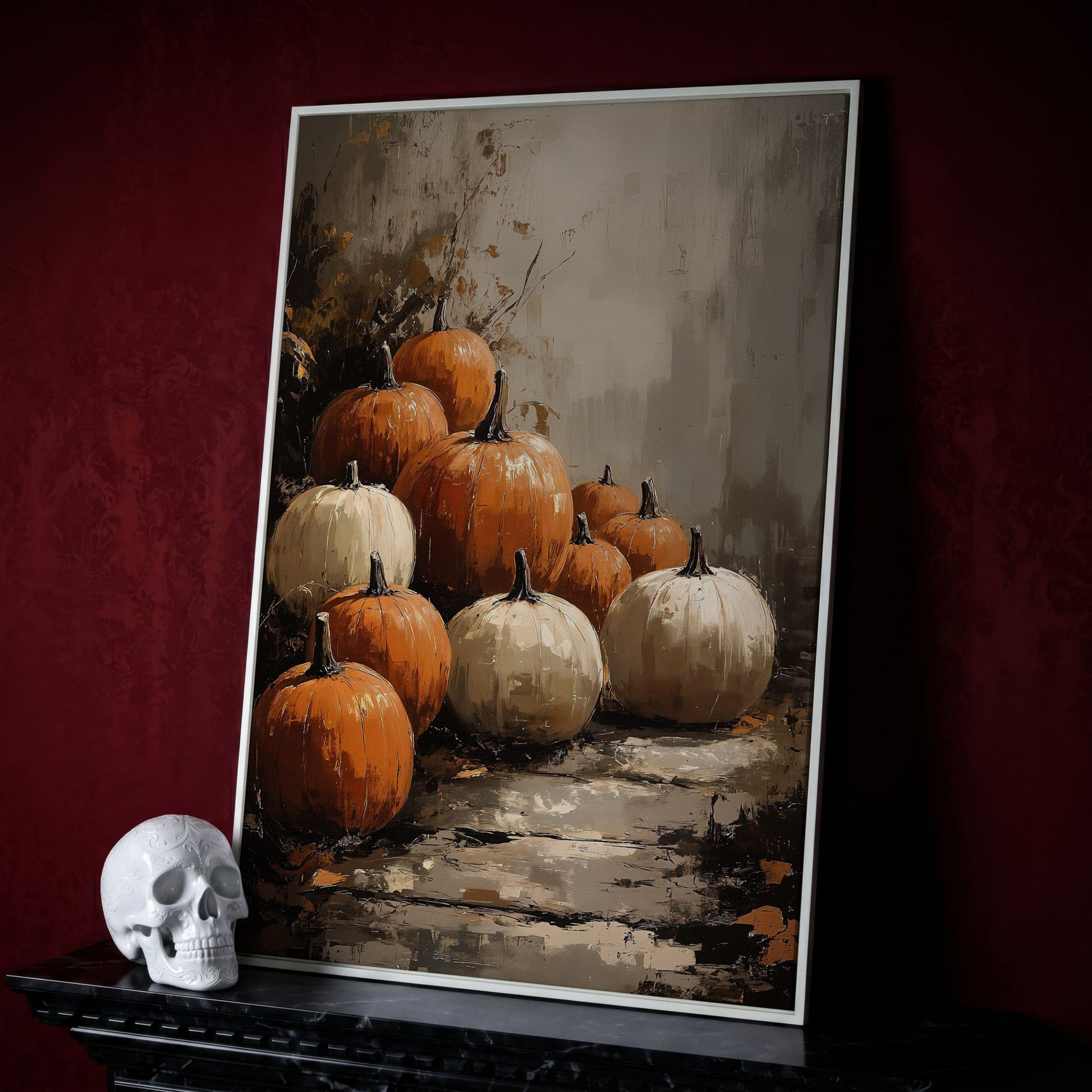 Autumn Pumpkin Stack Canvas in white floating frame