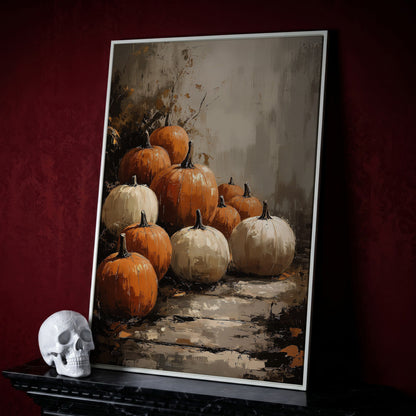 Autumn Pumpkin Stack Canvas in white floating frame