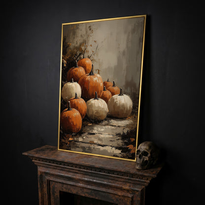 Autumn Pumpkin Stack Canvas in yellow gold floating frame