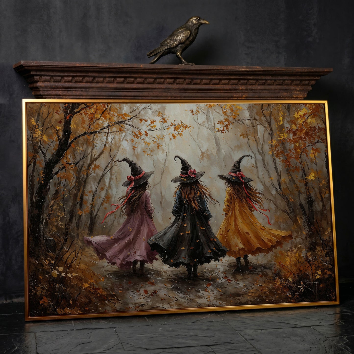 Three Witches Walking Through an Autumn Forest Canvas Art in antique gold floating frame