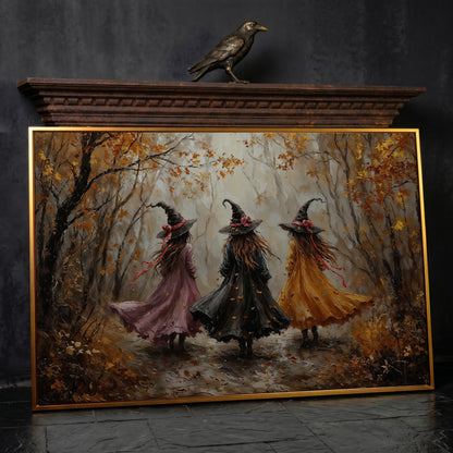 Three Witches Walking Through an Autumn Forest Canvas Art in antique gold floating frame