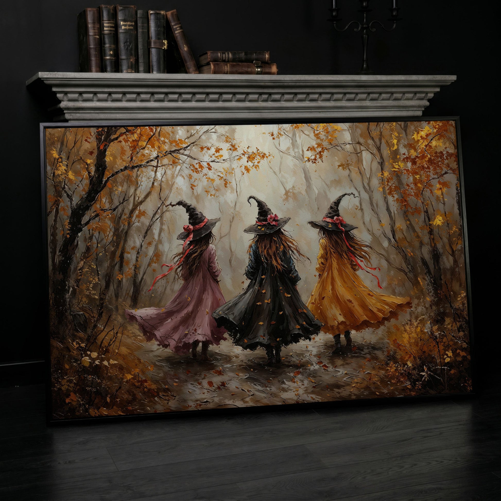 Three Witches Walking Through an Autumn Forest Canvas Art in black floating frame