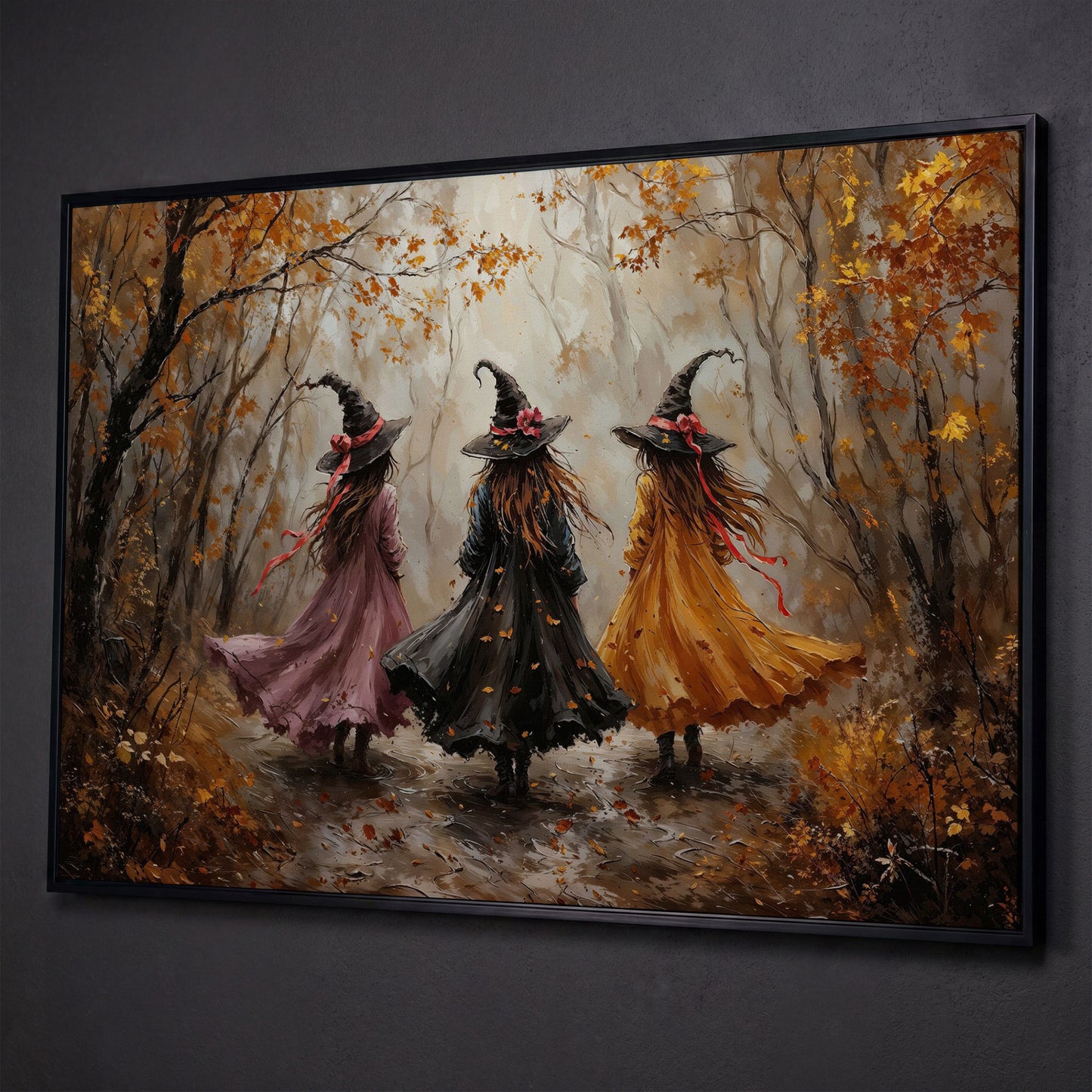 Three Witches Walking Through an Autumn Forest Canvas Art shown in black floating frame
