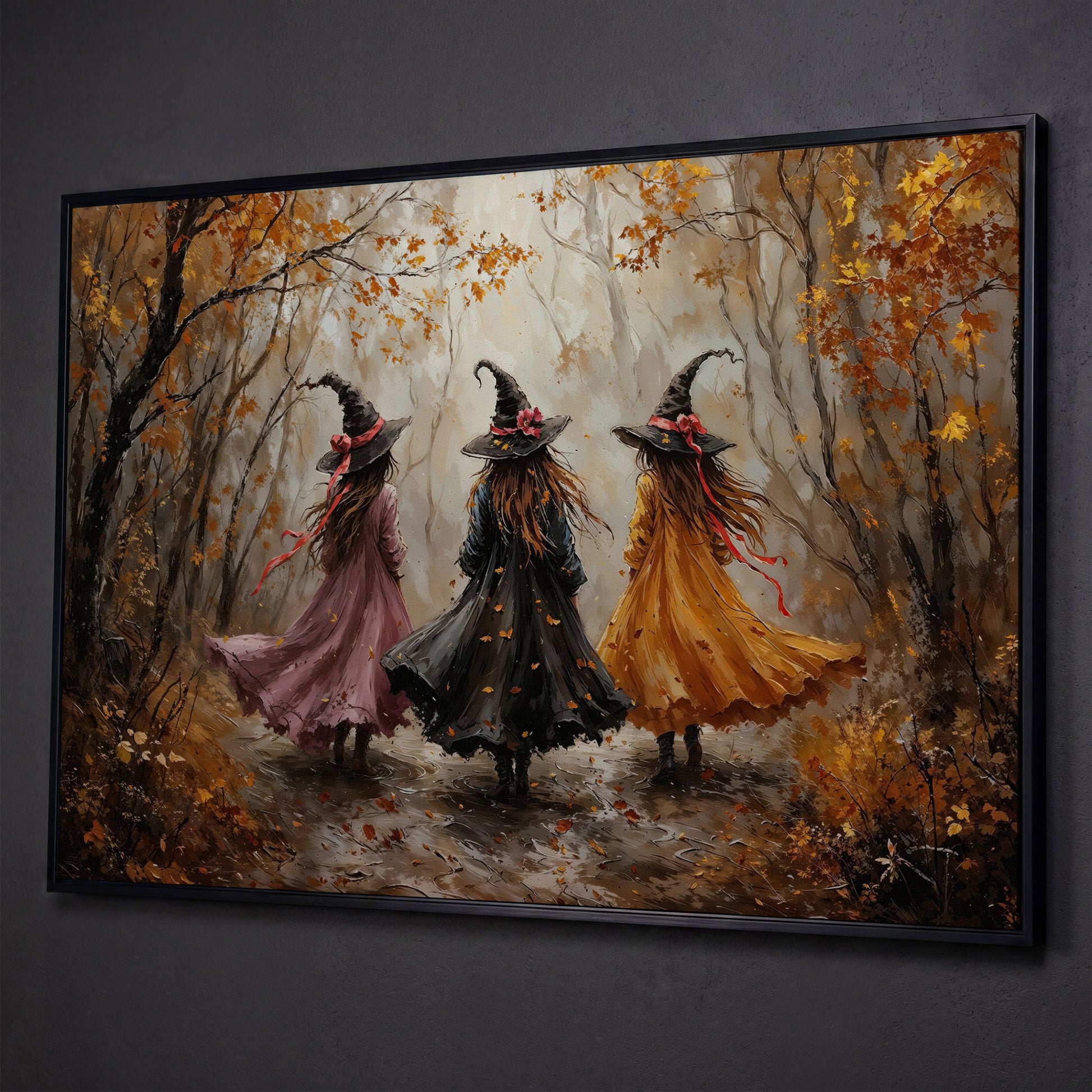 Three Witches Walking Through an Autumn Forest Canvas Art shown in black floating frame