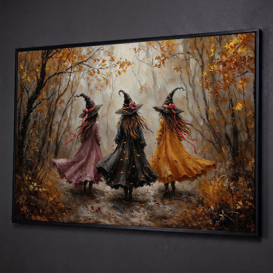 Three Witches Walking Through an Autumn Forest Canvas Art shown in black floating frame