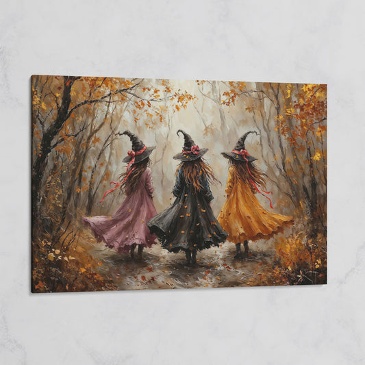 Three Witches Walking Through an Autumn Forest Canvas Art on gallery wrap