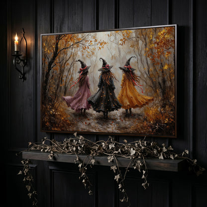 Three Witches Walking Through an Autumn Forest Canvas Art in dark walnut floating frame