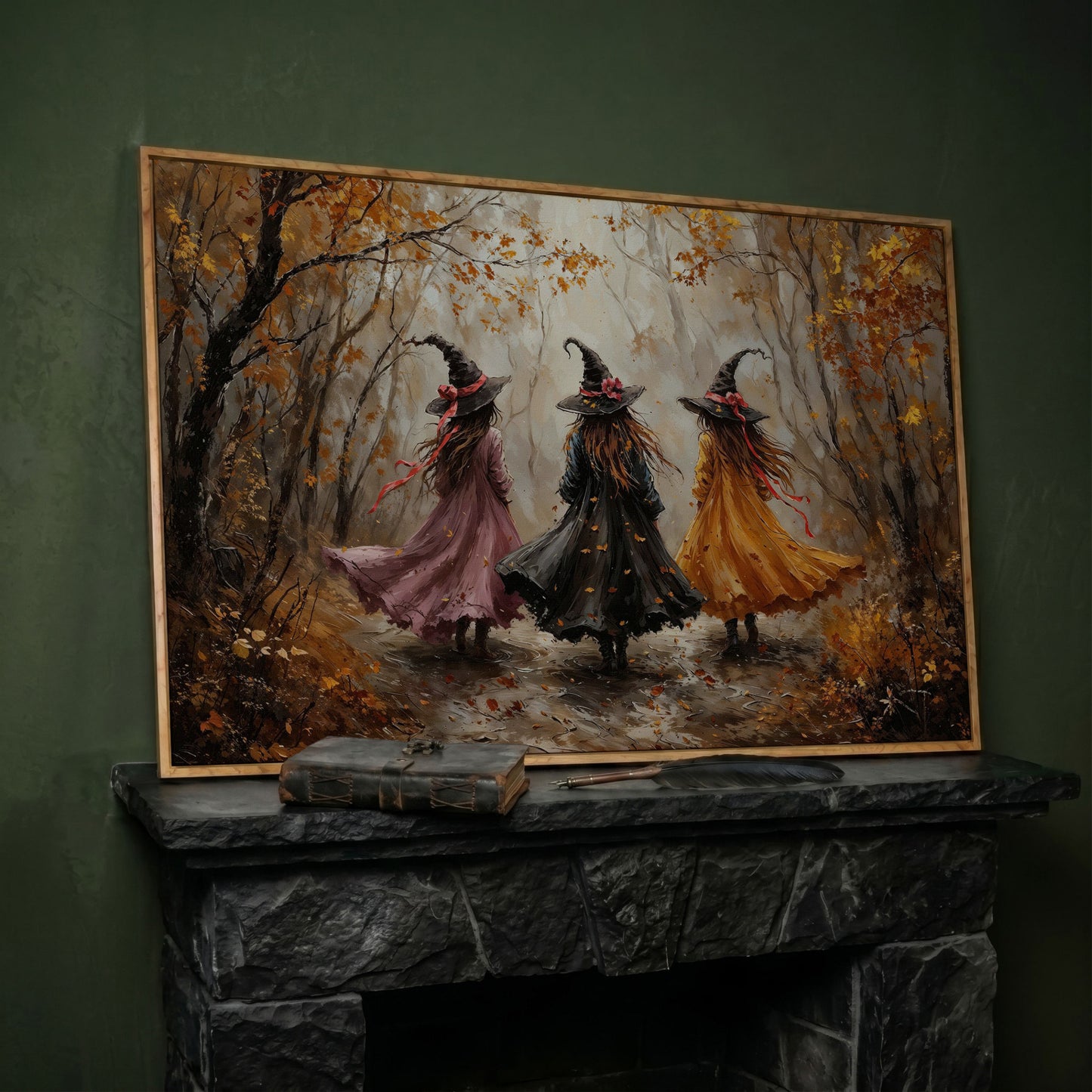 Three Witches Walking Through an Autumn Forest Canvas Art in white oak floating frame