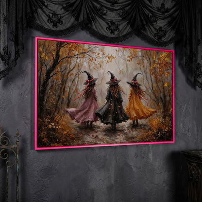Three Witches Walking Through an Autumn Forest Canvas Art in pink floating frame