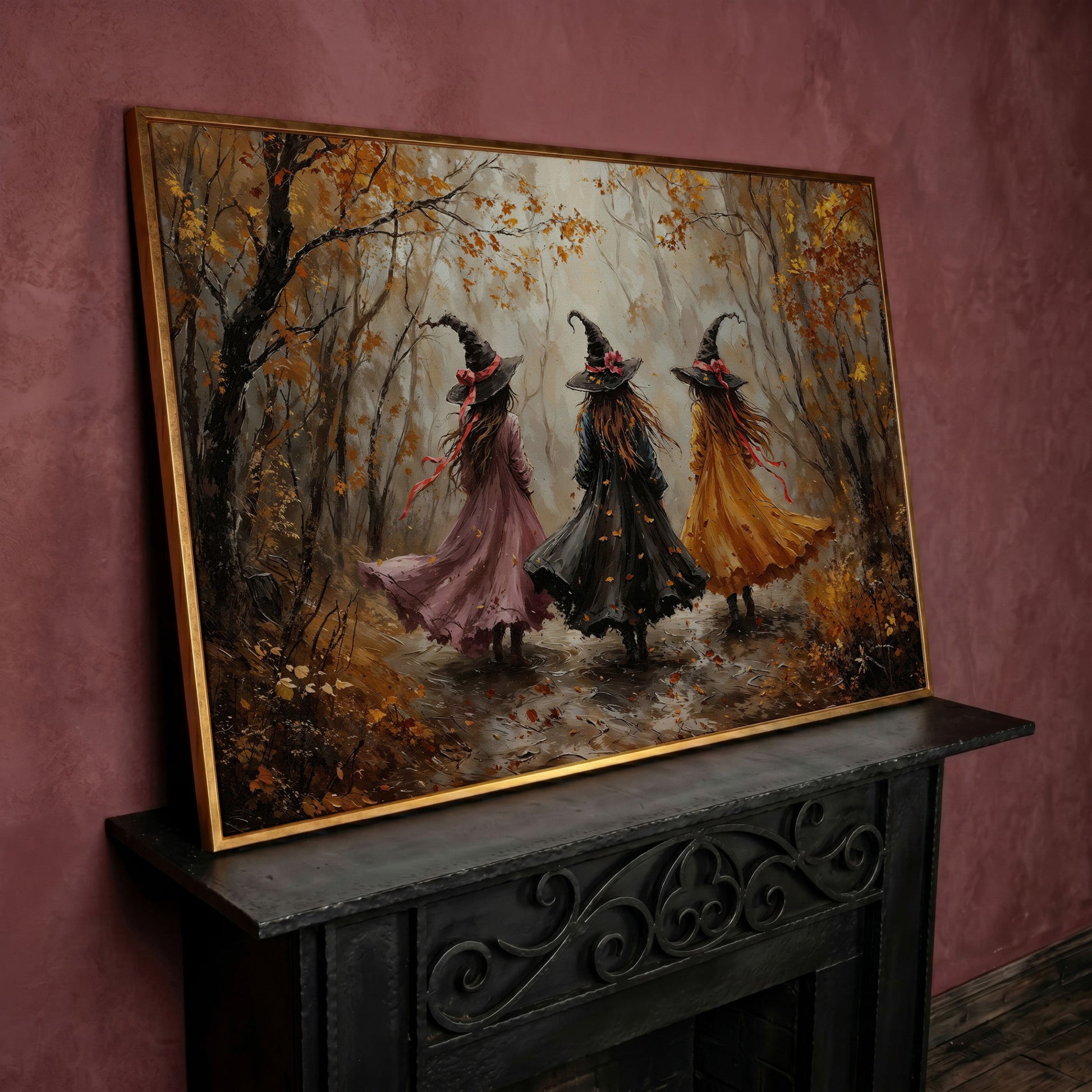 Three Witches Walking Through an Autumn Forest Canvas Art in rose gold floating frame