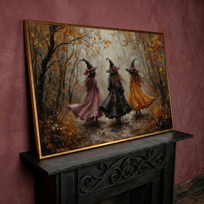 Three Witches Walking Through an Autumn Forest Canvas Art in rose gold floating frame