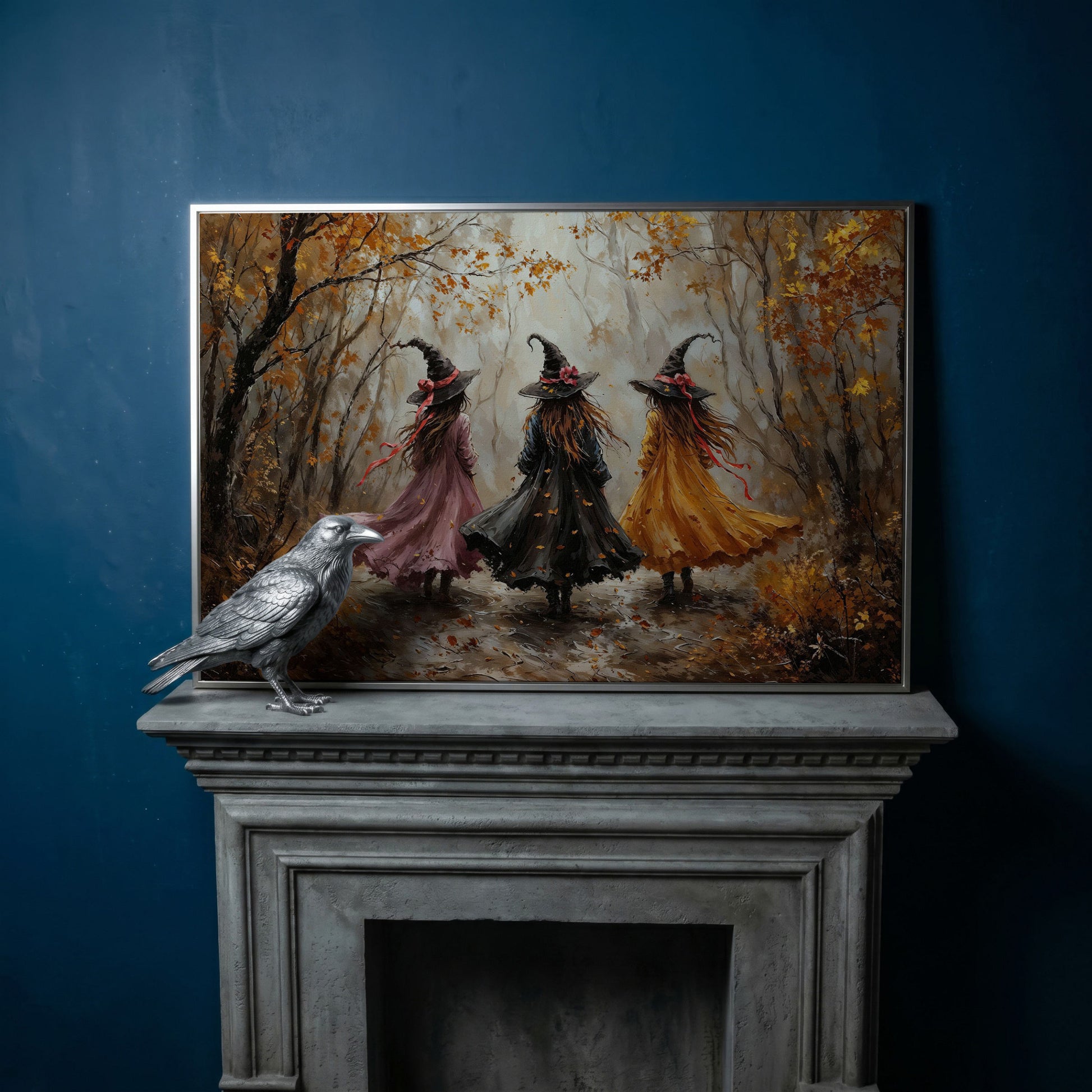 Three Witches Walking Through an Autumn Forest Canvas Art in silver floating frame