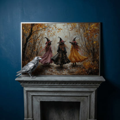 Three Witches Walking Through an Autumn Forest Canvas Art in silver floating frame