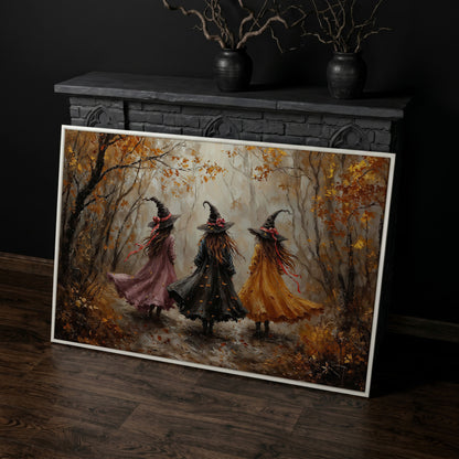 Three Witches Walking Through an Autumn Forest Canvas Art in white floating frame
