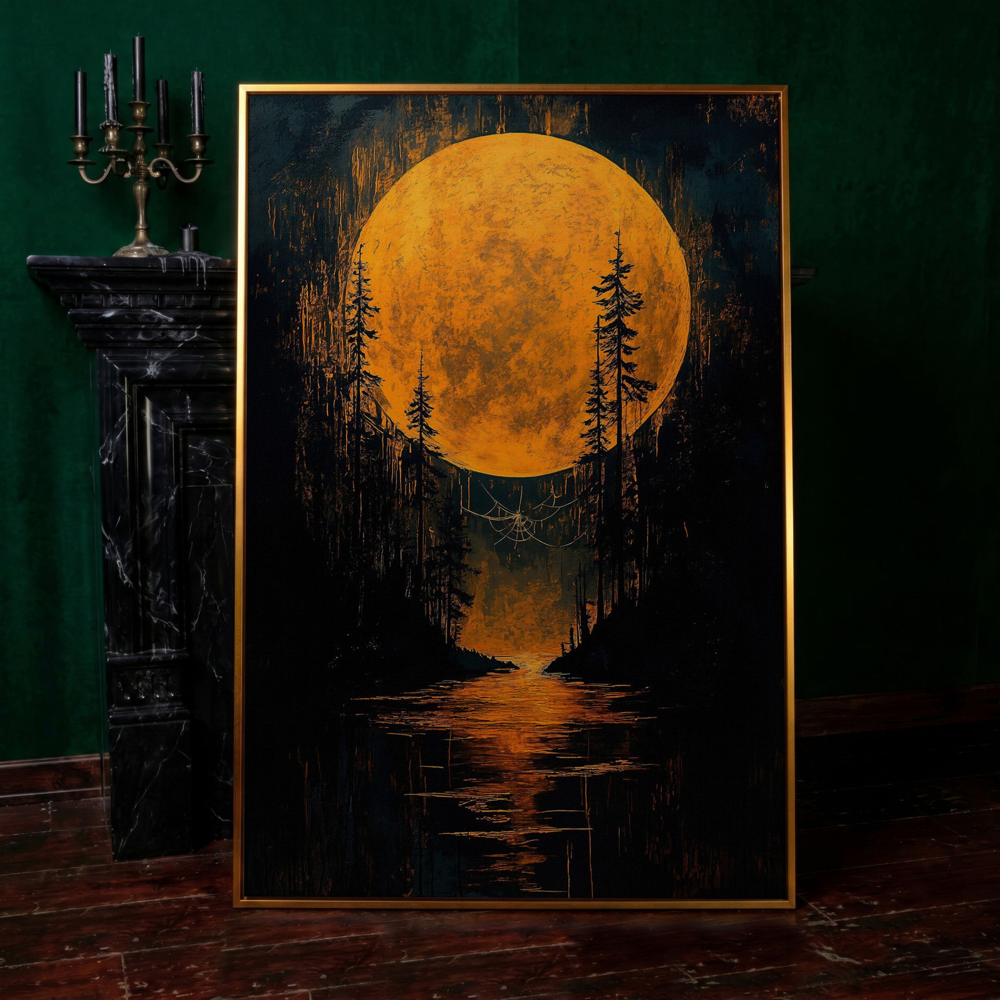 Gothic Moonlit Forest Canvas in antique gold floating frame