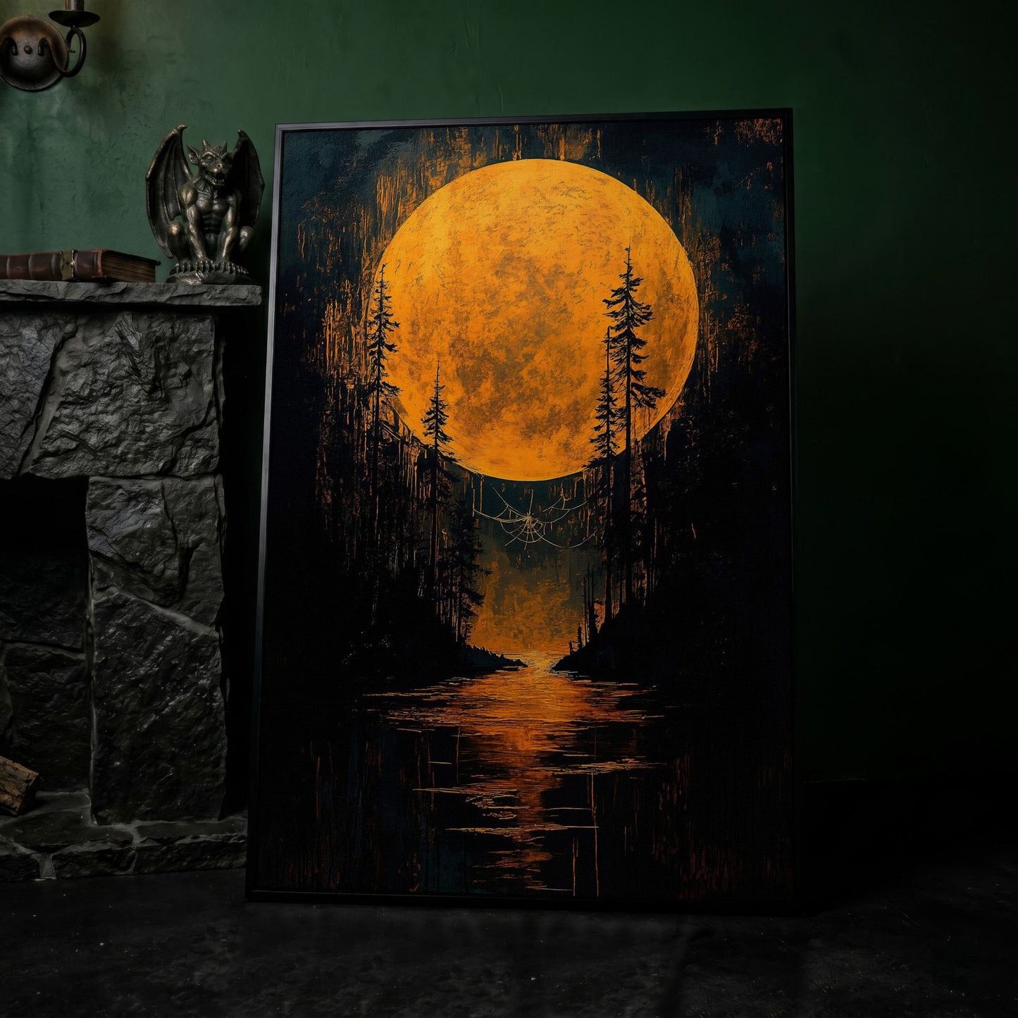 Gothic Moonlit Forest Canvas in black floating frame