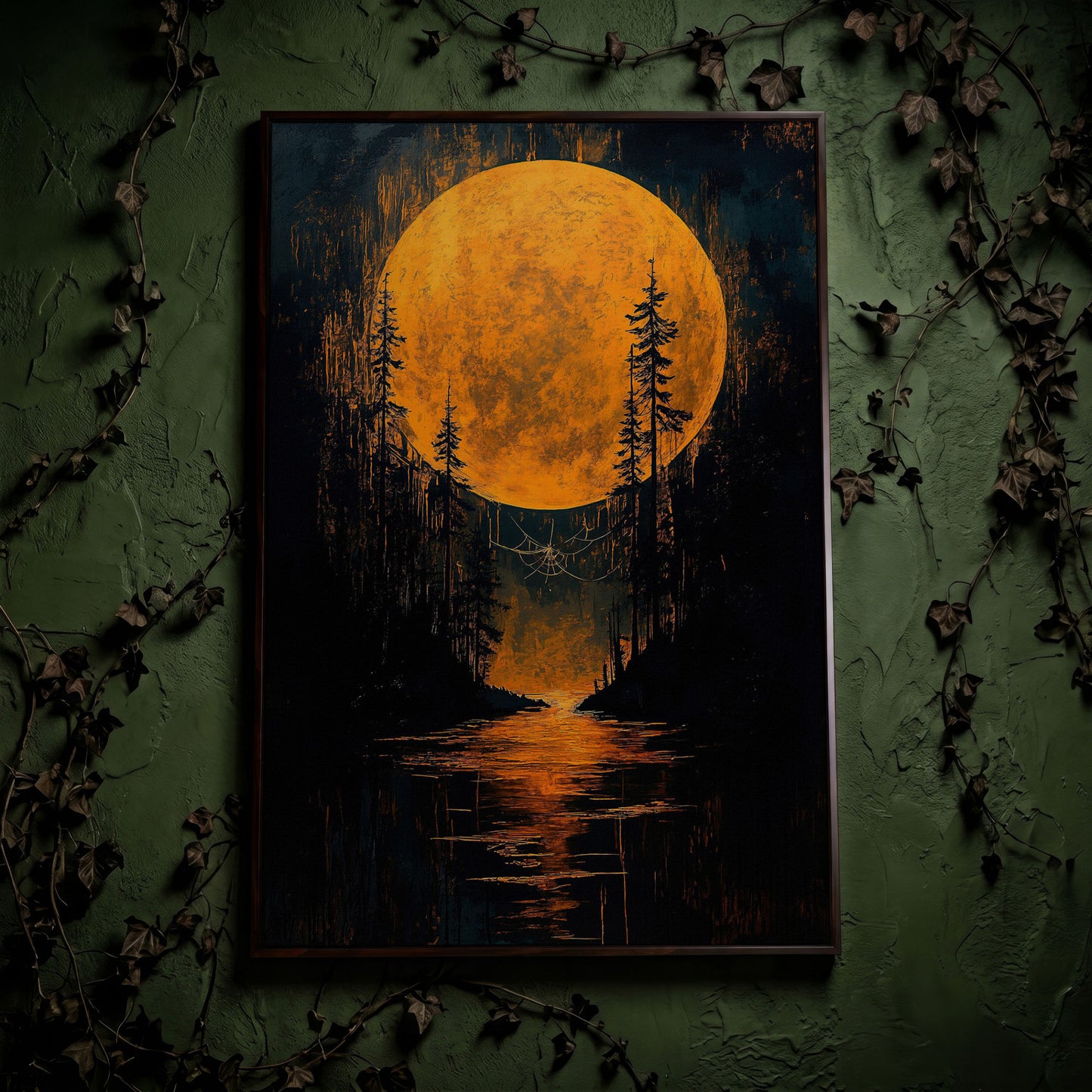 Gothic Moonlit Forest Canvas in dark walnut floating frame
