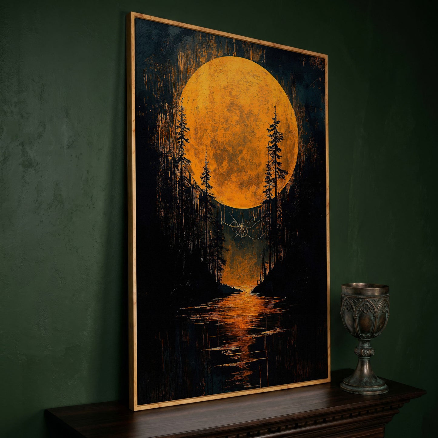 Gothic Moonlit Forest Canvas in white oak floating frame