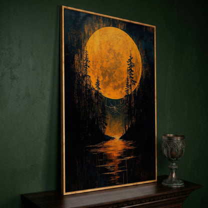 Gothic Moonlit Forest Canvas in white oak floating frame