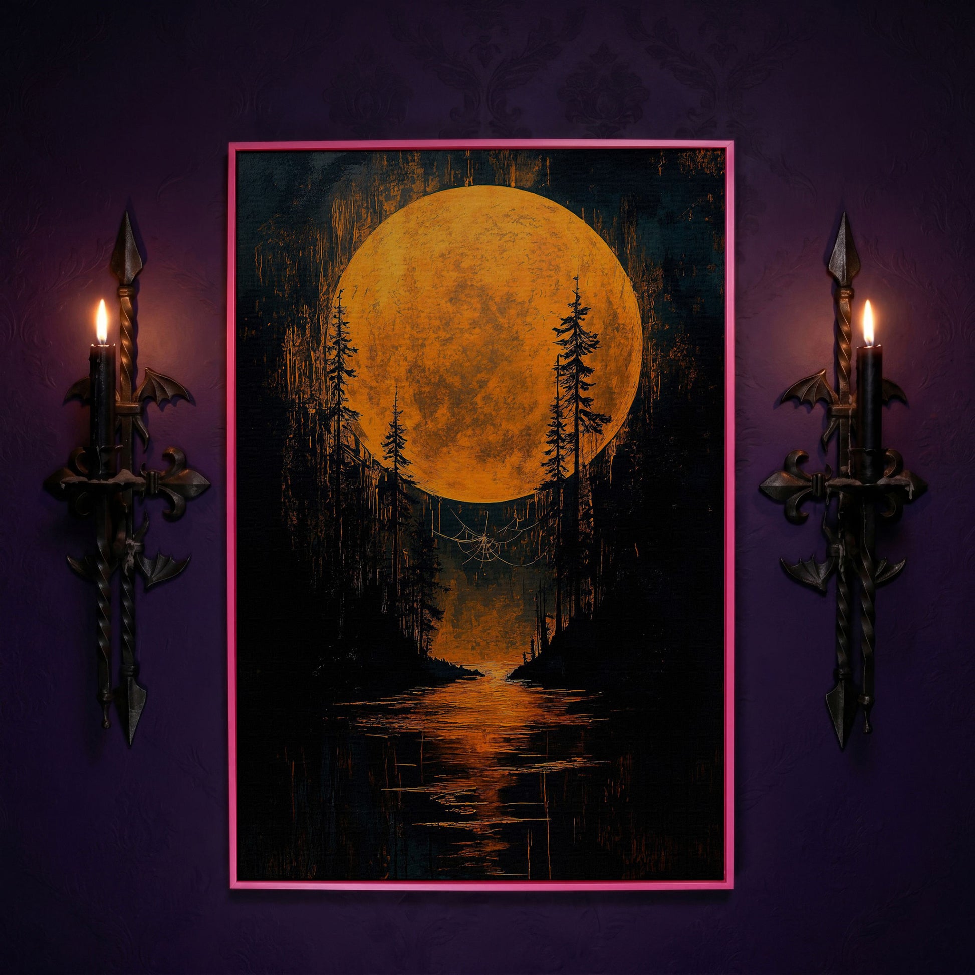 Gothic Moonlit Forest Canvas in pink floating frame