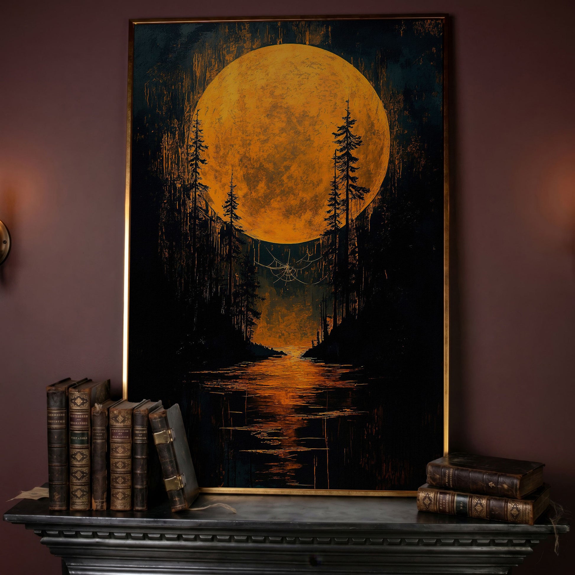 Gothic Moonlit Forest Canvas in rose gold floating frame