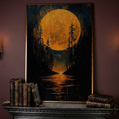 Gothic Moonlit Forest Canvas in rose gold floating frame