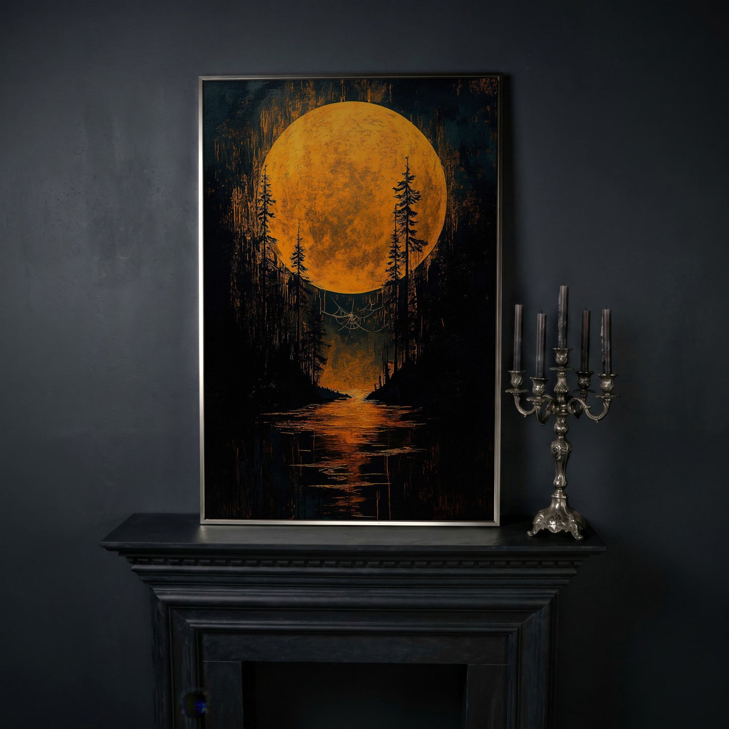 Gothic Moonlit Forest Canvas in silver floating frame