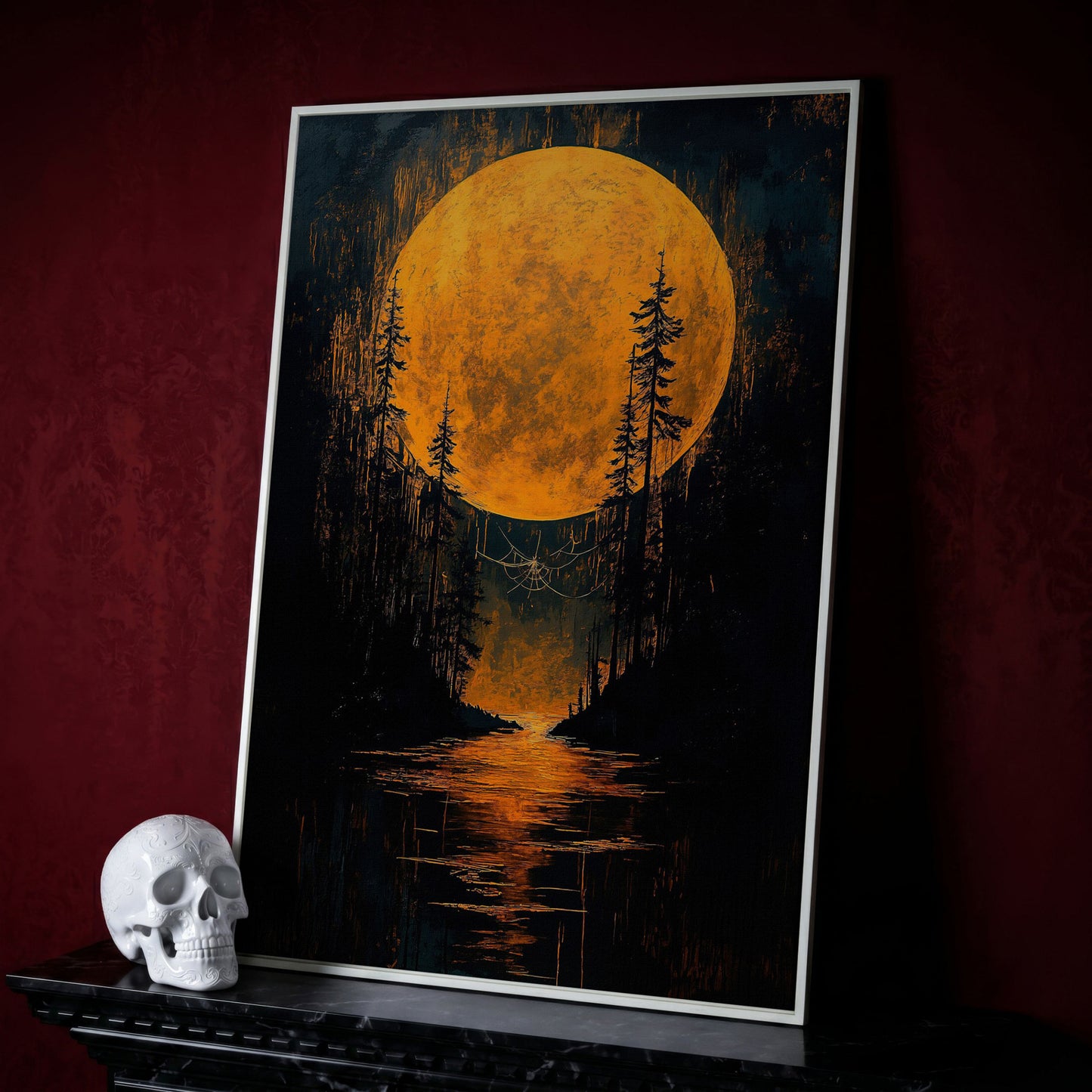 Gothic Moonlit Forest Canvas in white floating frame