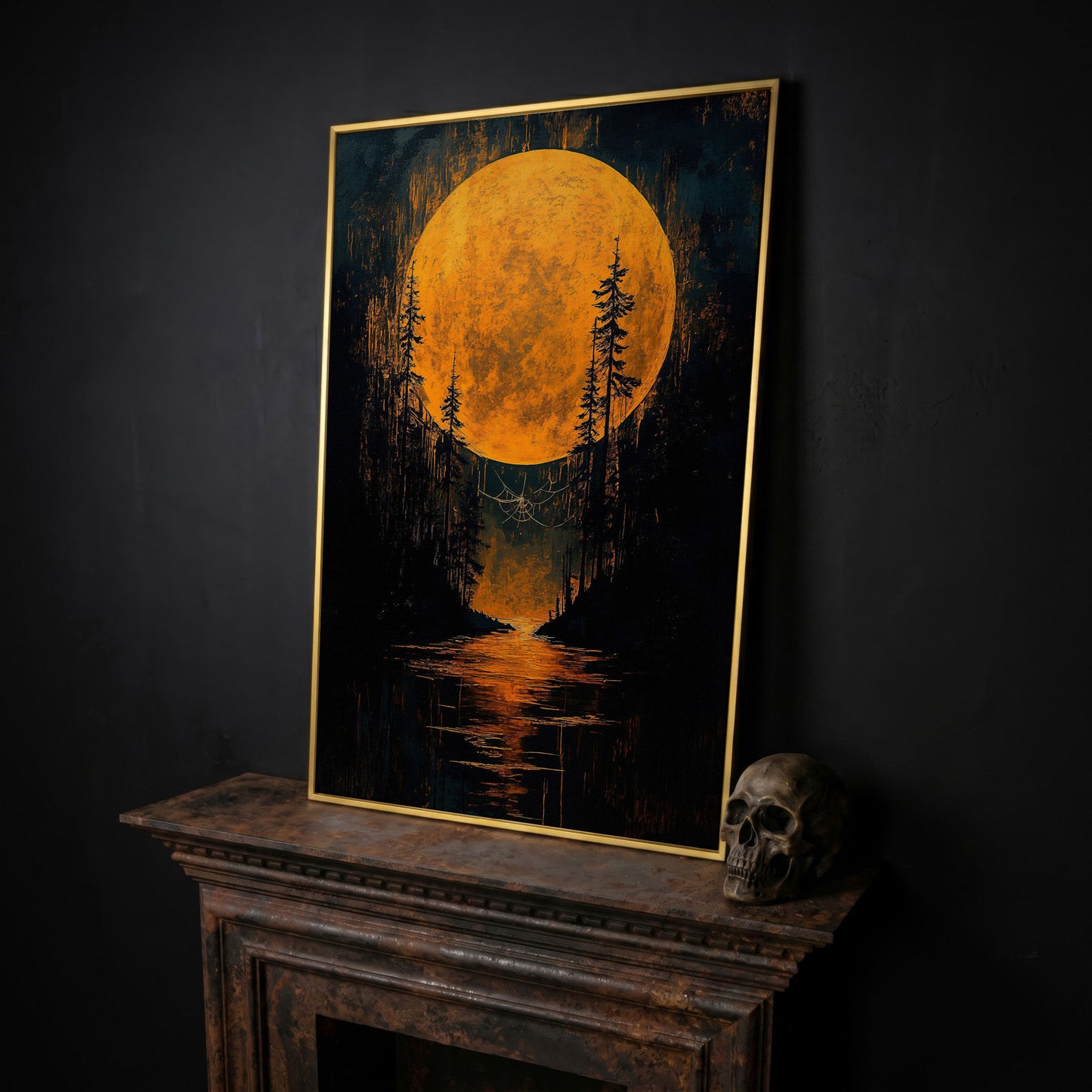 Gothic Moonlit Forest Canvas in yellow gold floating frame