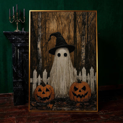 Spooky Ghost and Pumpkins Canvas in antique gold floating frame