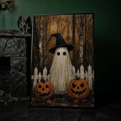 Spooky Ghost and Pumpkins Canvas in black floating frame