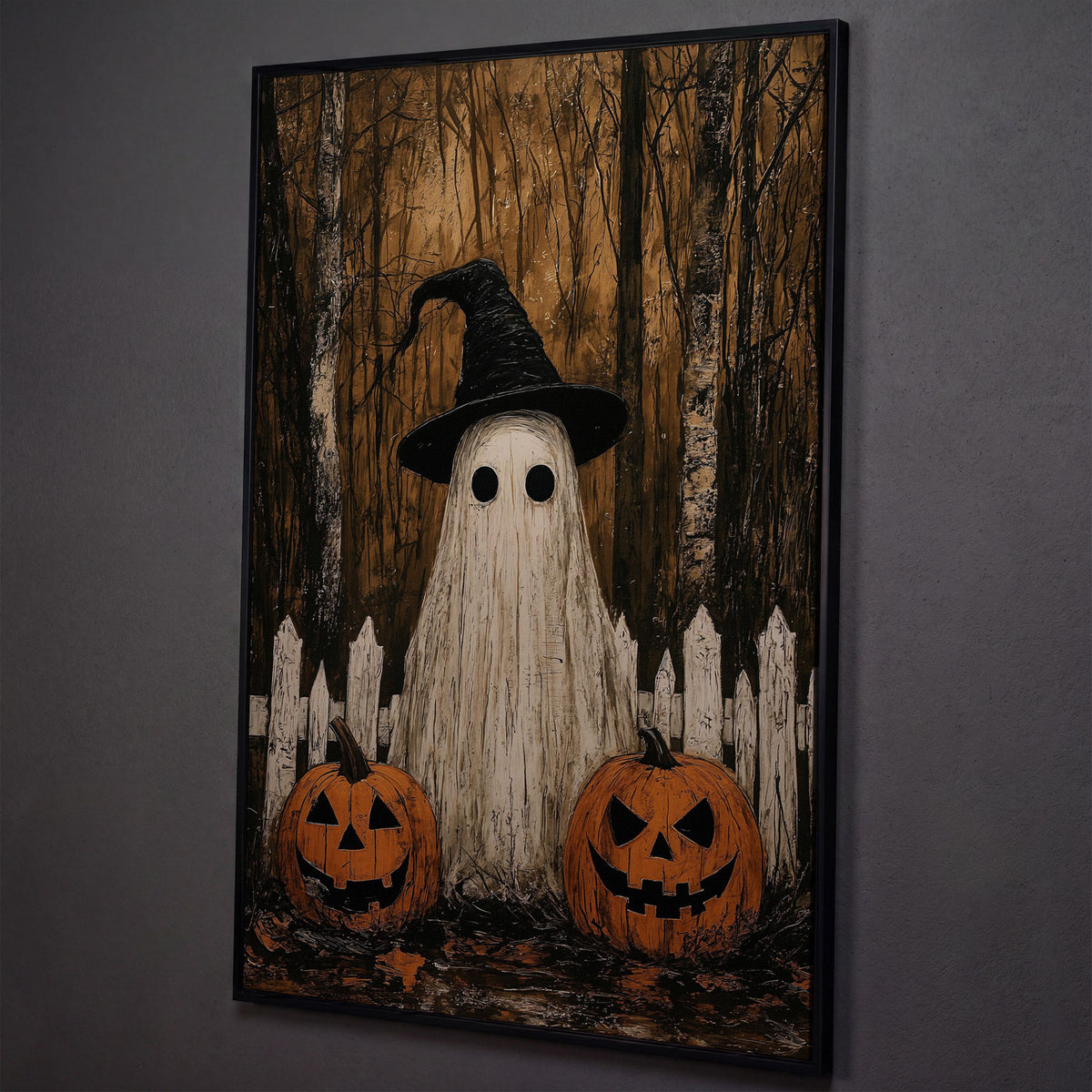 Spooky Ghost and Pumpkins Canvas shown in black floating frame