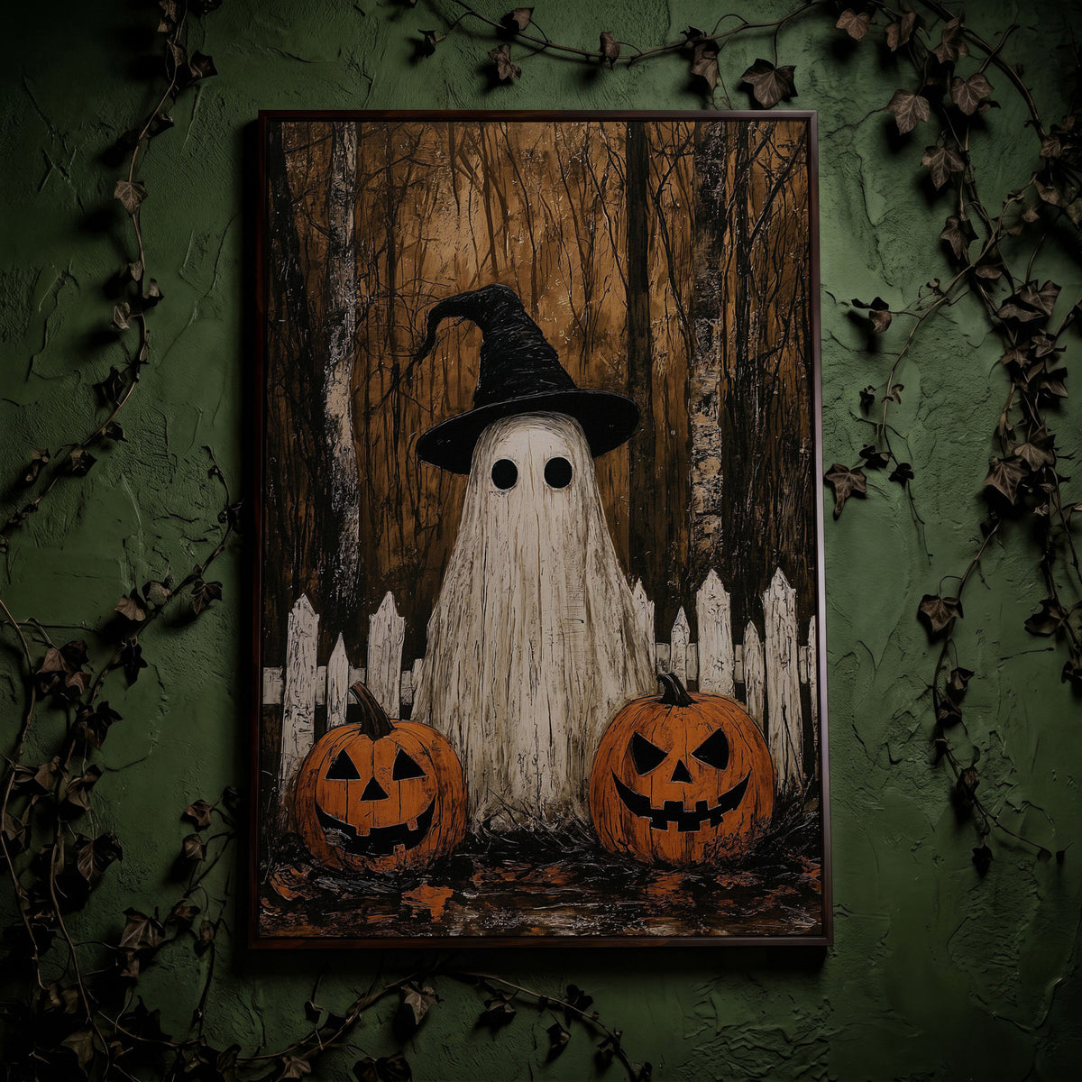 Spooky Ghost and Pumpkins Canvas in dark walnut floating frame