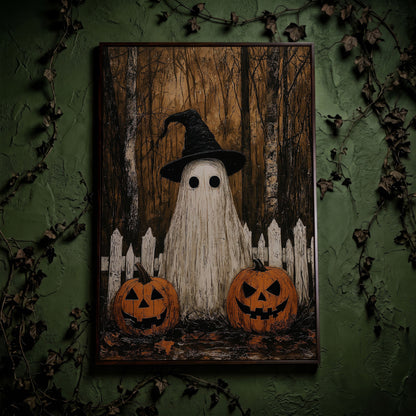 Spooky Ghost and Pumpkins Canvas in dark walnut floating frame