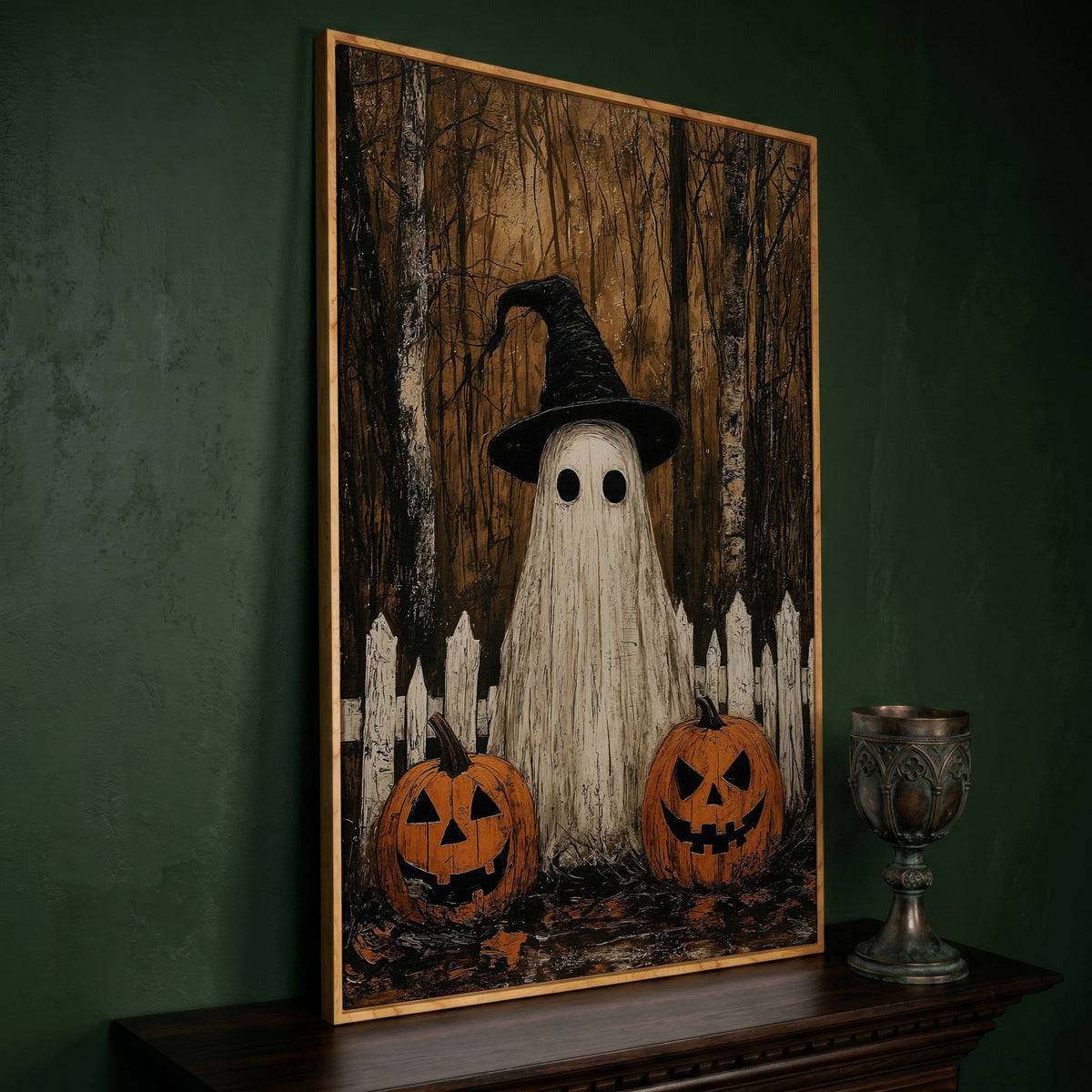 Spooky Ghost and Pumpkins Canvas in white oak floating frame